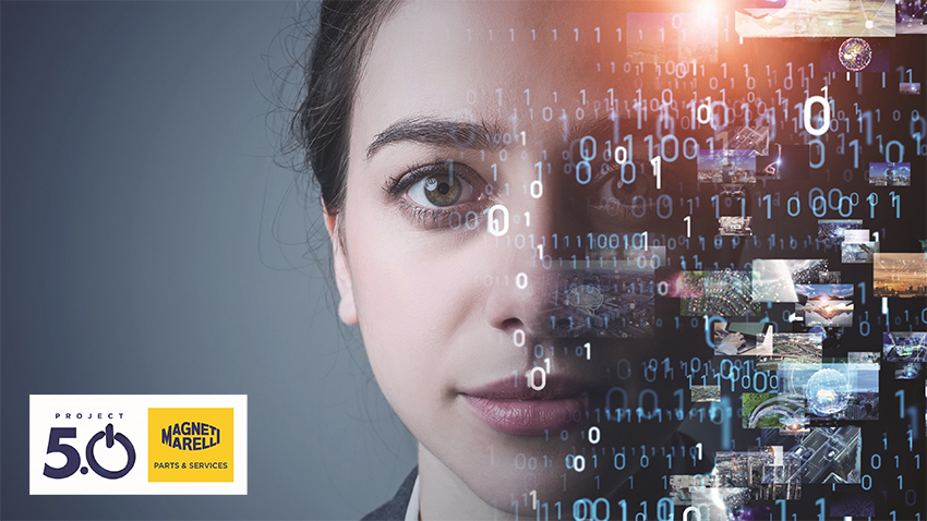 Représentation symbolique : une femme dont la moitié du visage est recouverte de chiffres numériques symbolise l'intégration technologique dans le projet 5.0. A côté, le logo distinctif du projet.