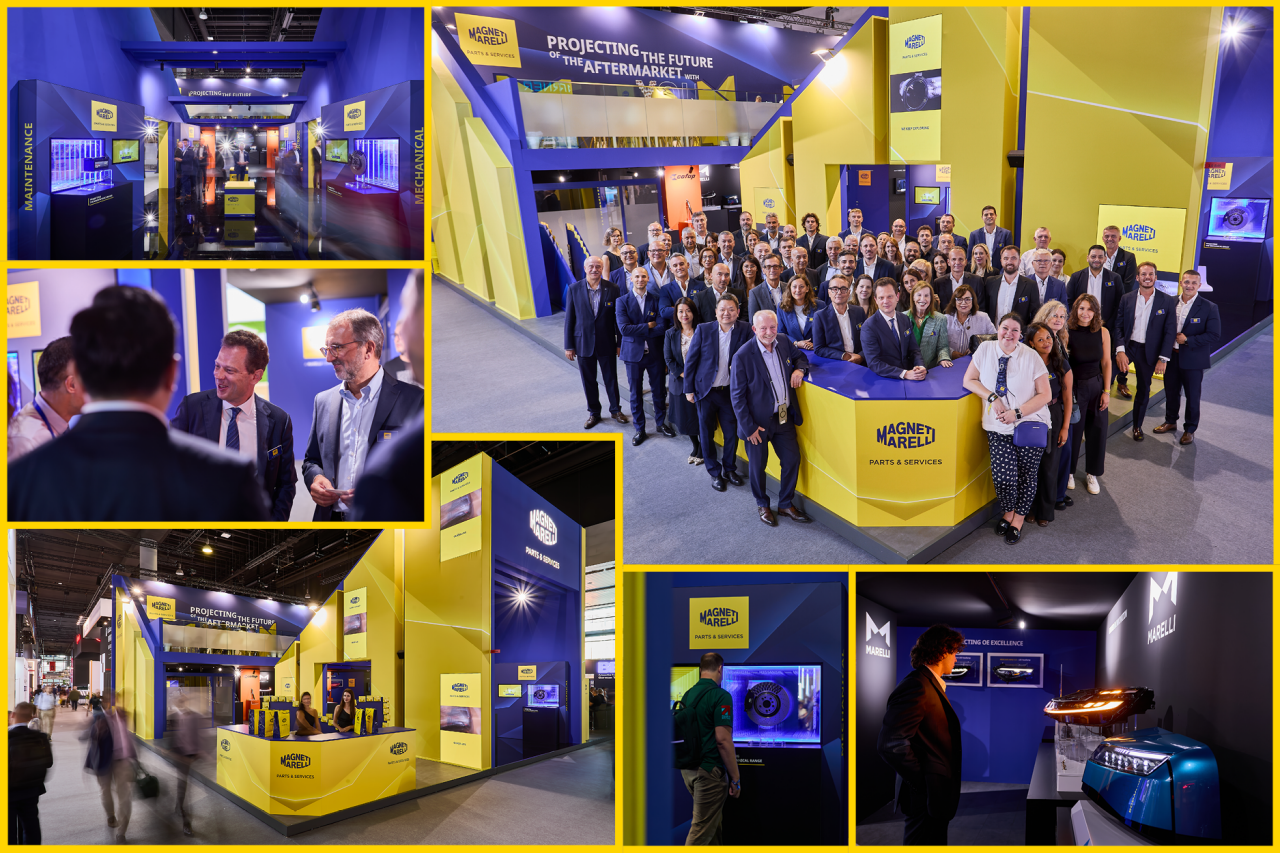 Collage de 6 photos du stand à Automechanika 20226 : produits, échanges, photo de groupe EMEA et visiteurs devant les composants